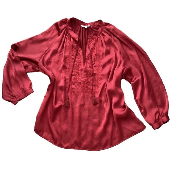 Lucky Brand Embroidered Tassel Tie Neck BOHO Peasant Top L Burgundy Red #224i - Picture 1 of 11